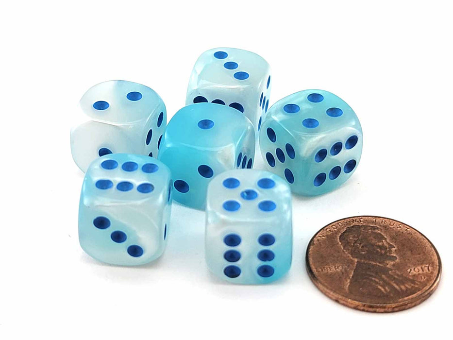 Luminary Gemini 12mm Small D6 Dice, 6 Pieces - Pearl Turquoise-White with Blue