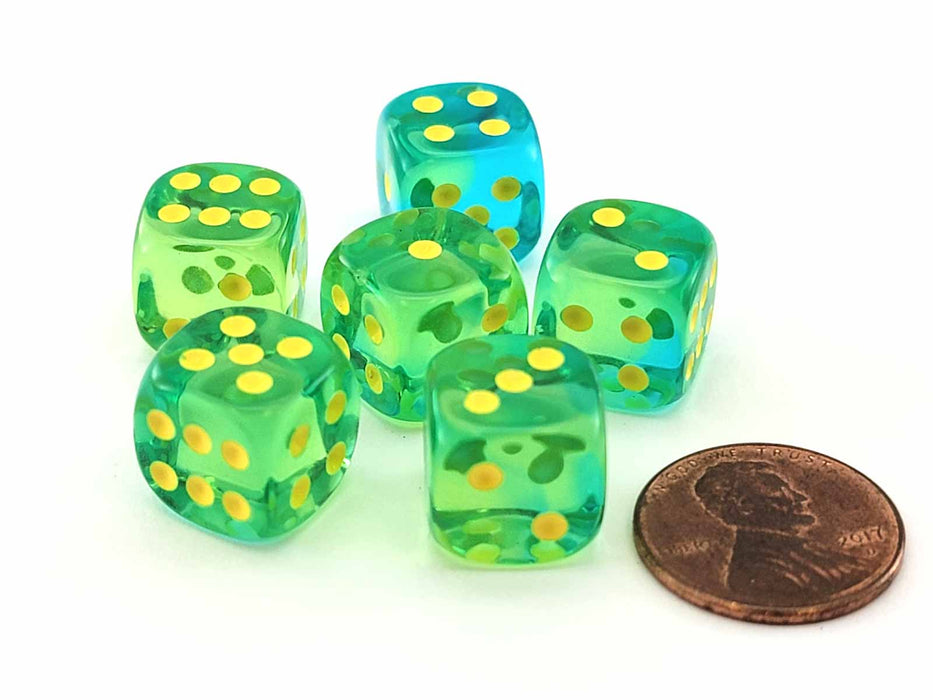 Gemini 12mm Small D6 Dice, 6 Pieces - Translucent Green-Teal with Yellow Numbers