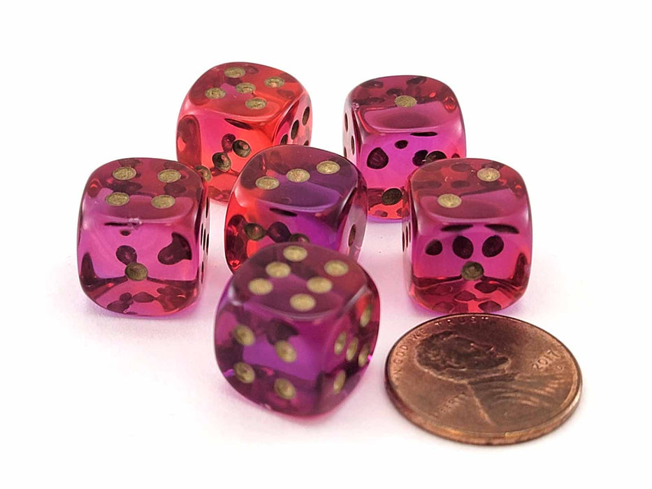 Gemini 12mm Small D6 Dice, 6 Pieces - Translucent Red-Violet with Gold Numbers