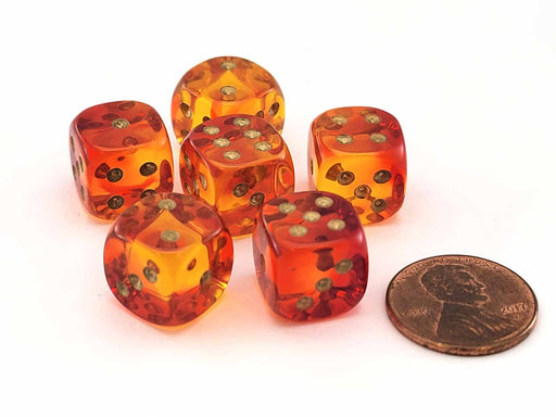 Gemini 12mm Small D6 Dice, 6 Pieces - Translucent Red-Yellow with Gold Numbers