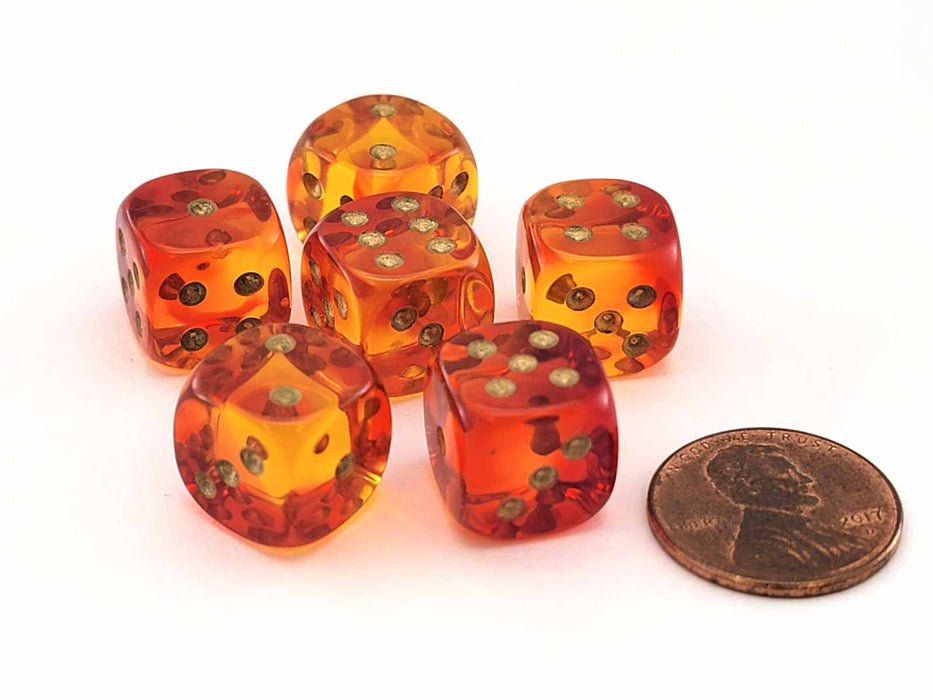 Gemini 12mm Small D6 Dice, 6 Pieces - Translucent Red-Yellow with Gold Numbers