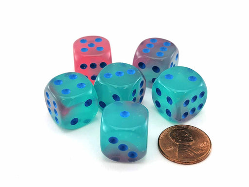 Luminary Gemini 16mm D6 Dice, 6 Pieces - Gel Green-Pink with Blue Numbers