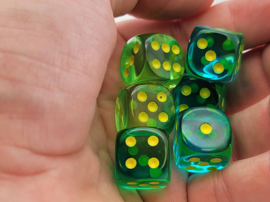Gemini 16mm D6 Dice, 6 Pieces - Translucent Green-Teal with Yellow Numbers