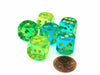 Gemini 16mm D6 Dice, 6 Pieces - Translucent Green-Teal with Yellow Numbers