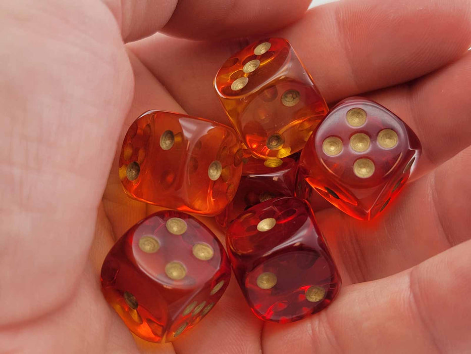 Gemini 16mm 6 Sided D6 Dice, 6 Pieces - Translucent Red-Yellow with Gold Numbers