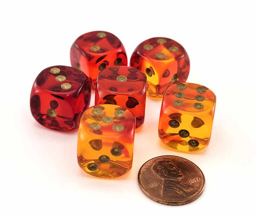 Gemini 16mm 6 Sided D6 Dice, 6 Pieces - Translucent Red-Yellow with Gold Numbers