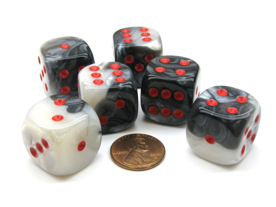 Gemini 20mm Big D6 Chessex Dice, 6 Pieces - Black-White with Red Pips