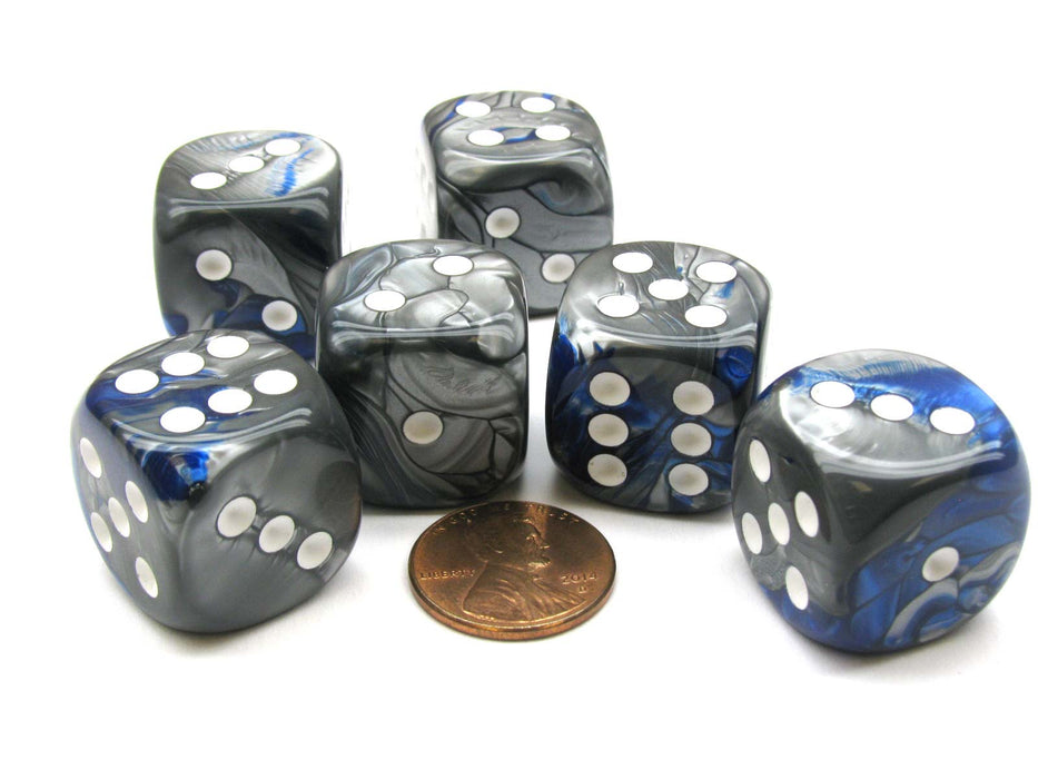 Gemini 20mm Big D6 Chessex Dice, 6 Pieces - Blue-Steel with White Pips