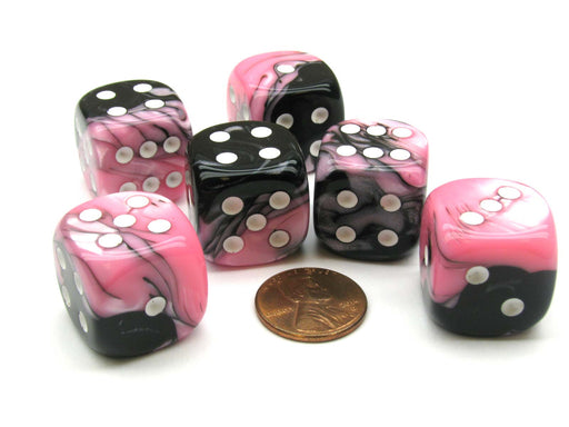 Gemini 20mm Big D6 Chessex Dice, 6 Pieces - Black-Pink with White Pips