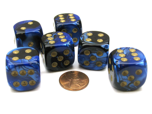 Gemini 20mm Big D6 Chessex Dice, 6 Pieces - Black-Blue with Gold Pips