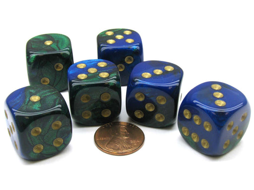 Gemini 20mm Big D6 Chessex Dice, 6 Pieces - Blue-Green with Gold Pips
