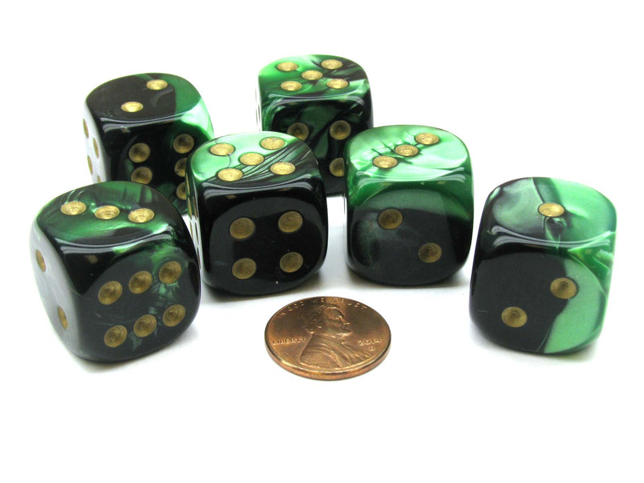 Gemini 20mm Big D6 Chessex Dice, 6 Pieces - Black-Green with Gold Pips