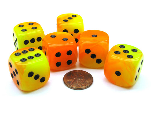Gemini 20mm Big D6 Chessex Dice, 6 Pieces - Orange-Yellow with Black Pips