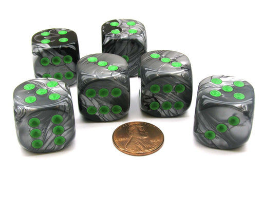 Gemini 20mm Big D6 Chessex Dice, 6 Pieces - Black-Grey with Green Pips