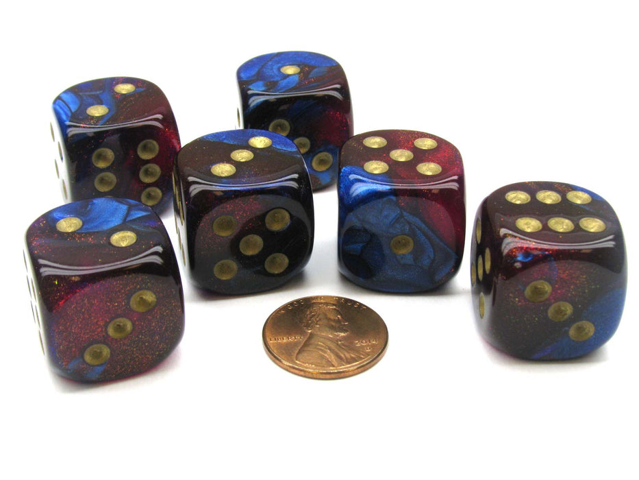 Gemini 20mm Big D6 Chessex Dice, 6 Pieces - Blue-Magenta with Gold Pips