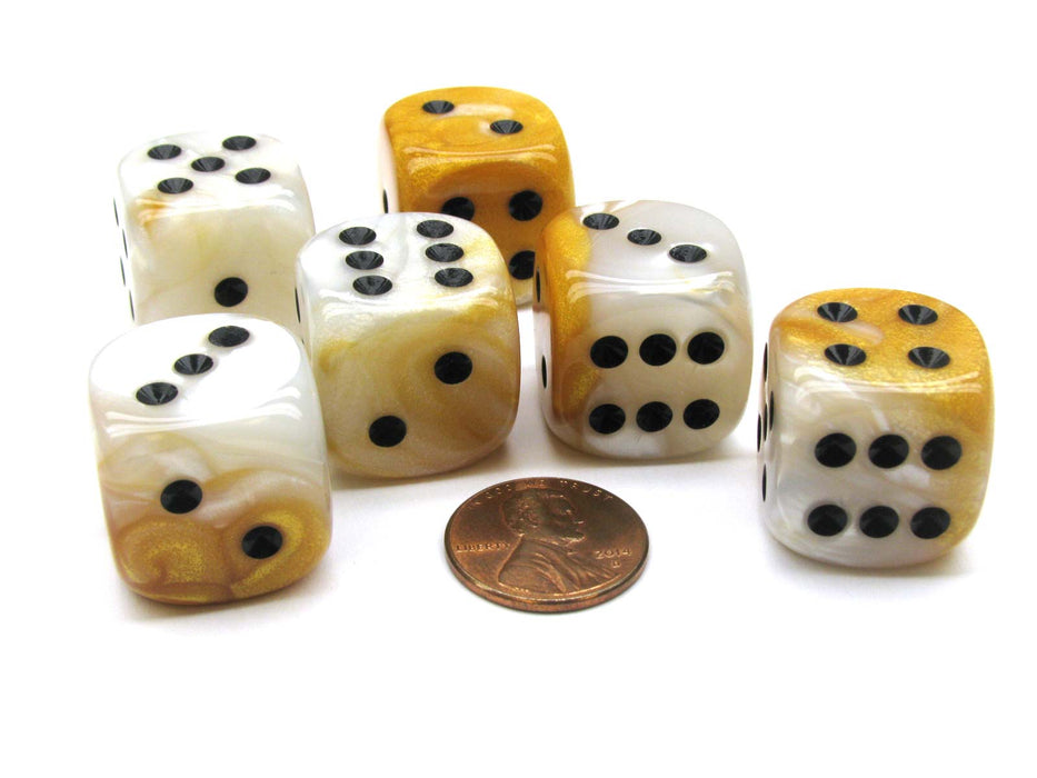 Gemini 20mm Big D6 Chessex Dice, 6 Pieces - Gold-White with Black Pips