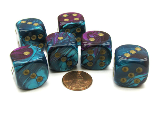 Gemini 20mm Big D6 Chessex Dice, 6 Pieces - Purple-Teal with Gold Pips