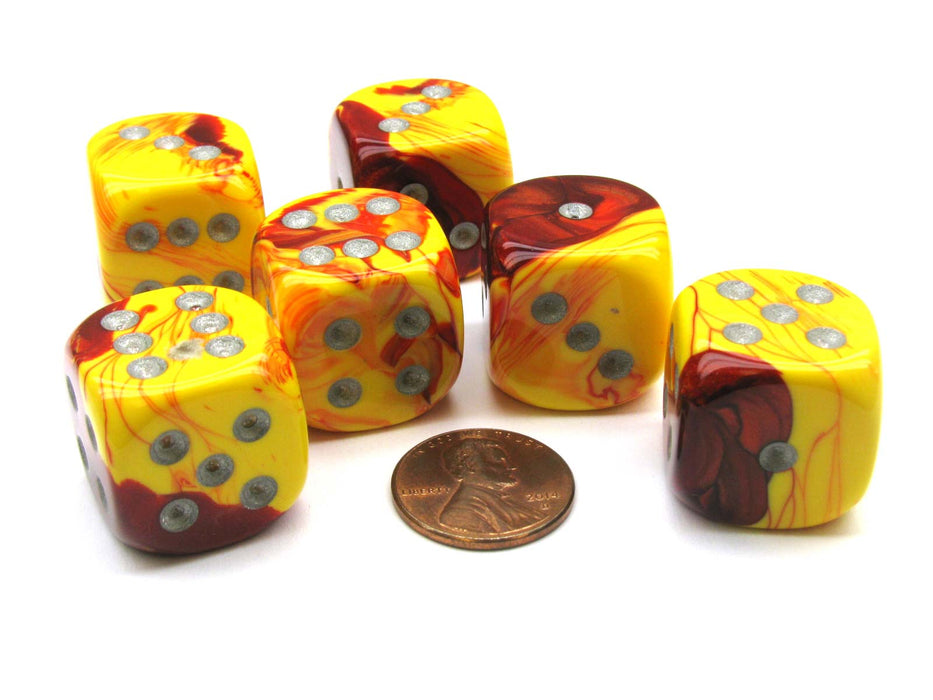 Gemini 20mm Big D6 Chessex Dice, 6 Pieces - Red-Yellow with Silver Pips