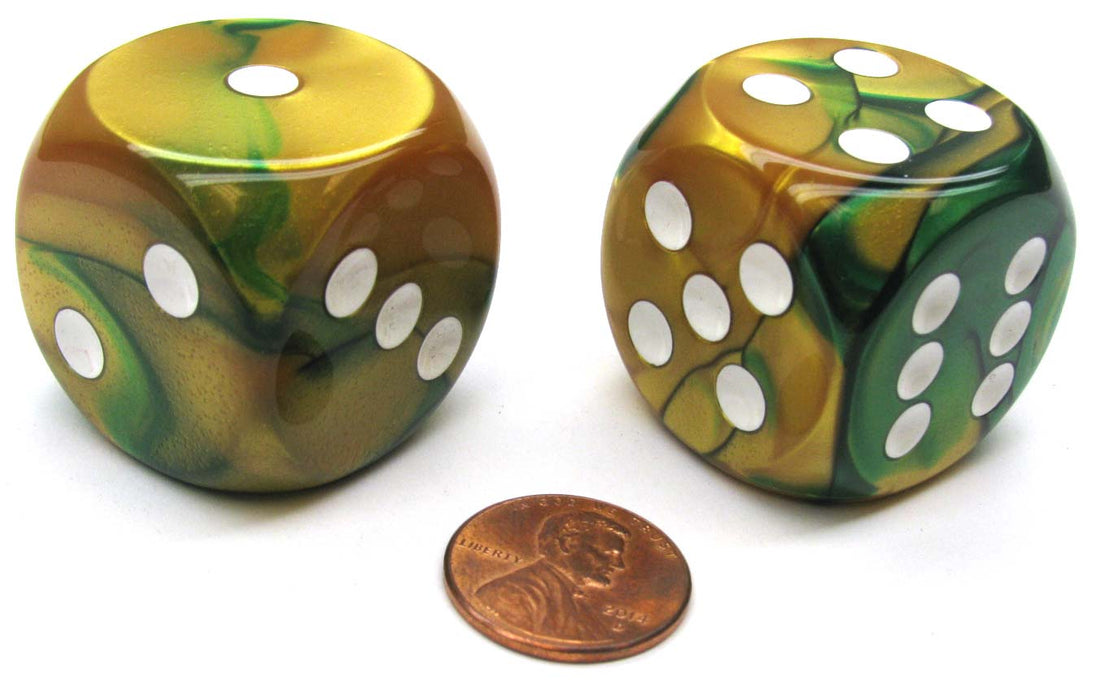 Gemini 30mm Large D6 Chessex Dice, 2 Pieces - Gold-Green with White Pips