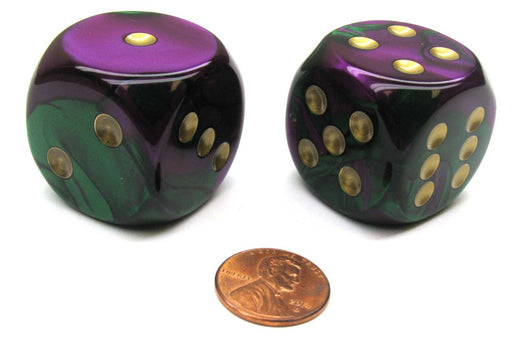Gemini 30mm Large D6 Chessex Dice, 2 Pieces - Green-Purple with Gold Pips