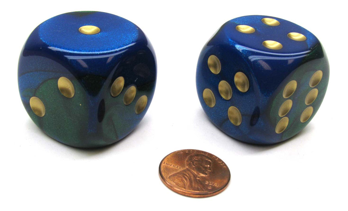 Gemini 30mm Large D6 Chessex Dice, 2 Pieces - Blue-Green with Gold Pips