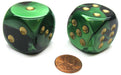 Gemini 30mm Large D6 Chessex Dice, 2 Pieces - Black-Green with Gold Pips