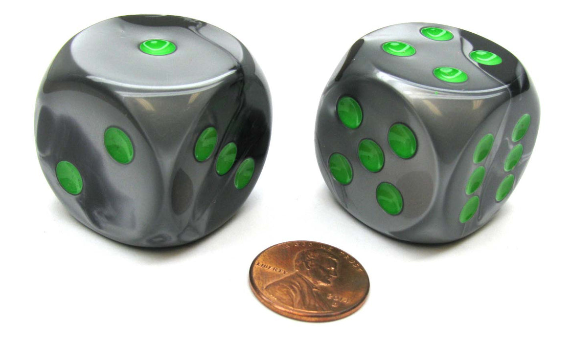 Gemini 30mm Large D6 Chessex Dice, 2 Pieces - Black-Grey with Green Pips