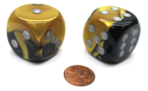 Gemini 30mm Large D6 Chessex Dice, 2 Pieces - Black-Gold with Silver Pips