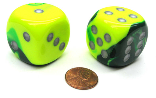 Gemini 30mm Large D6 Chessex Dice, 2 Pieces - Green-Yellow with Silver Pips