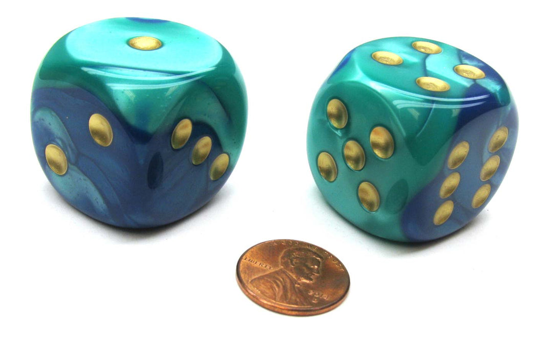 Gemini 30mm Large D6 Chessex Dice, 2 Pieces - Blue-Teal with Gold Pips