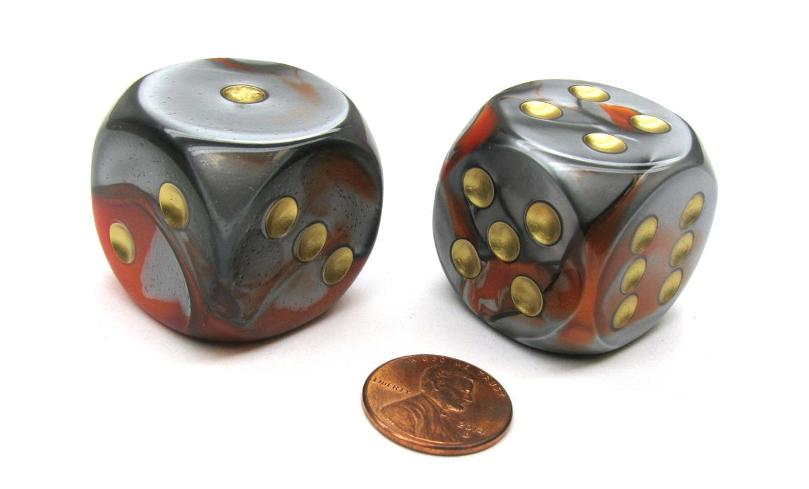 Gemini 30mm Large D6 Chessex Dice, 2 Pieces - Orange-Steel with Gold Pips