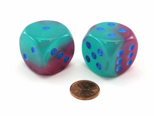 Luminary Gemini 30mm Large D6 Dice, 2 Pieces - Gel Green-Pink with Blue Pips