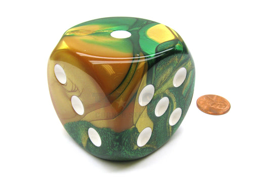 Gemini 50mm Huge Large D6 Chessex Dice, 1 Piece - Gold-Green with White Pips