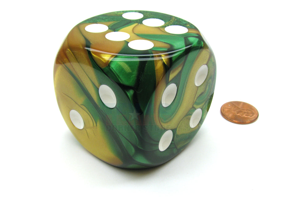 Gemini 50mm Huge Large D6 Chessex Dice, 1 Piece - Gold-Green with White Pips