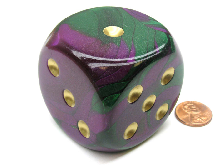 Gemini 50mm Huge Large D6 Chessex Dice, 1 Piece - Green-Purple with Gold Pips