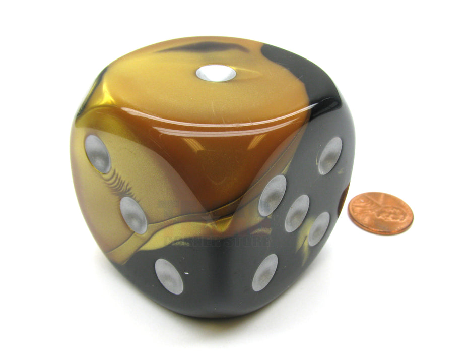 Gemini 50mm Huge Large D6 Chessex Dice, 1 Piece - Black-Gold with Silver Pips