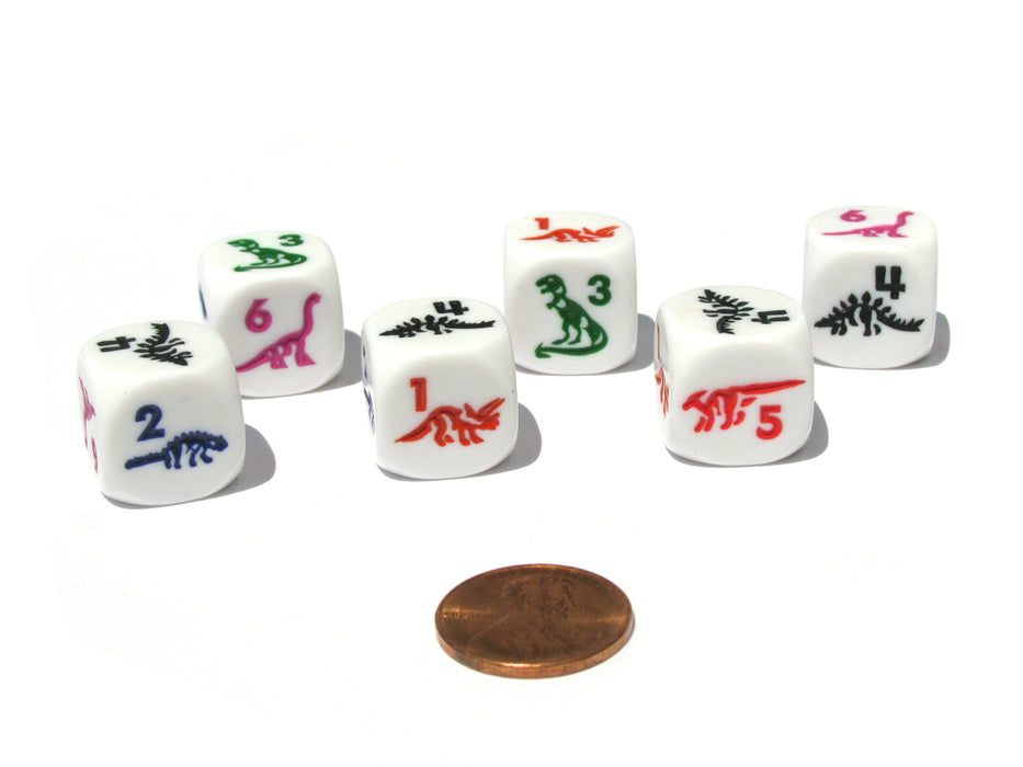Set of 6 Dino Dice 16mm D6 Round Edge - White with Multi-Color Etched Dinosaurs