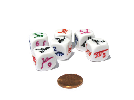 Set of 6 Dino Dice 16mm D6 Round Edge - White with Multi-Color Etched Dinosaurs