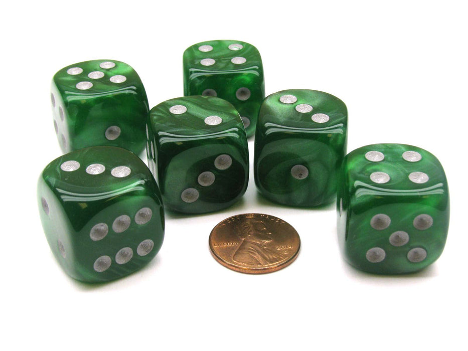 Velvet 20mm Big D6 Chessex Dice, 6 Pieces - Green with Silver Pips