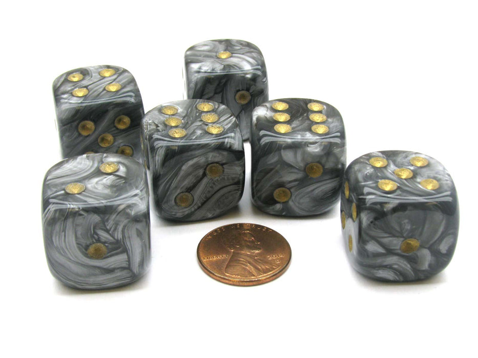 Leaf 20mm Big D6 Chessex Dice, 6 Pieces - Steel with Gold Pips