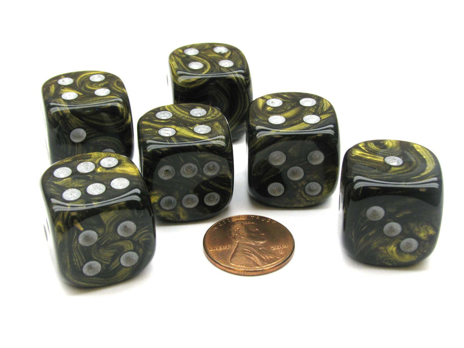 Leaf 20mm Big D6 Chessex Dice, 6 Pieces - Black Gold with Silver Pips