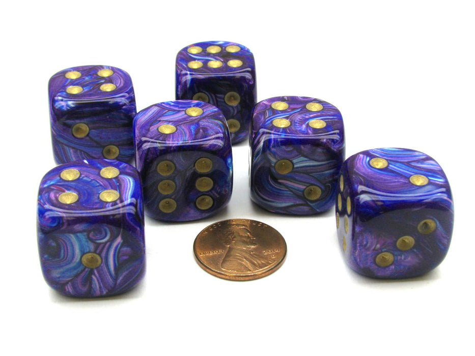 Lustrous 20mm Big D6 Chessex Dice, 6 Pieces - Purple with Gold Pips