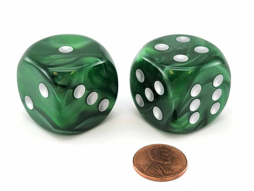Velvet 30mm Large D6 Chessex Dice, 2 Pieces - Green with Silver Pips