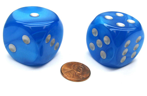Velvet 30mm Large D6 Chessex Dice, 2 Pieces - Bright Blue with Silver Pips