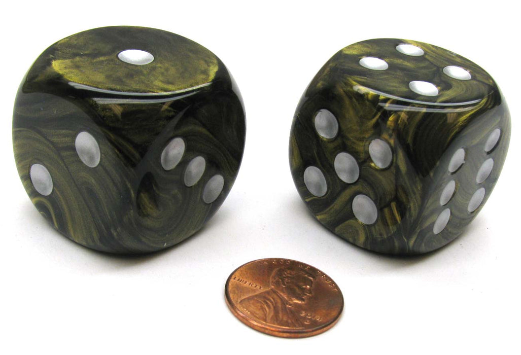 Leaf 30mm Large D6 Chessex Dice, 2 Pieces - Black Gold with Silver Pips