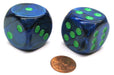 Lustrous 30mm Large D6 Chessex Dice, 2 Pieces - Dark Blue with Green Pips