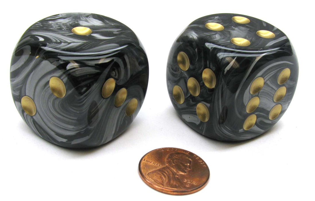Lustrous 30mm Large D6 Chessex Dice, 2 Pieces - Black with Gold Pips