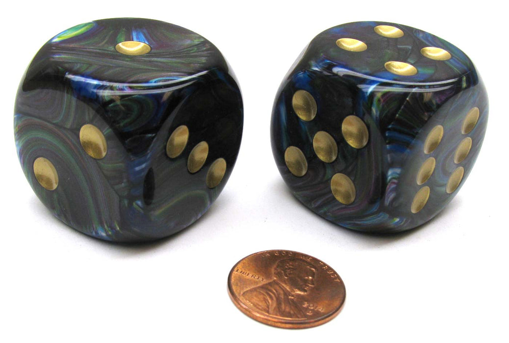 Lustrous 30mm Large D6 Chessex Dice, 2 Pieces - Shadow with Gold Pips