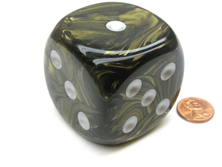 Leaf 50mm Huge Large D6 Chessex Dice, 1 Piece - Black Gold with Silver Pips