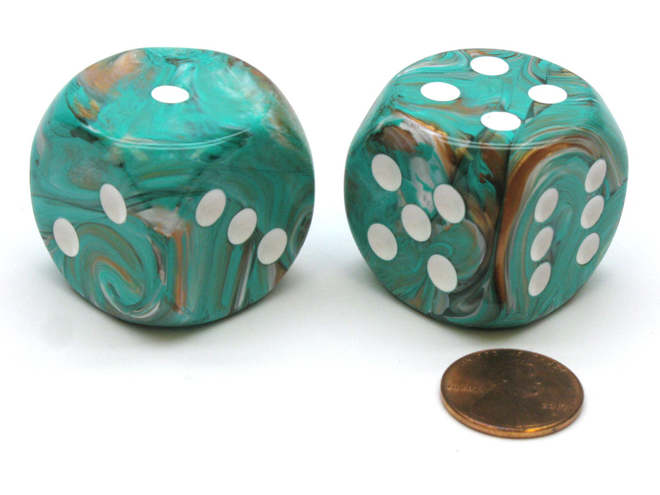 Marble 30mm Large D6 Chessex Dice, 2 Pieces - Oxi-Copper with White Pips